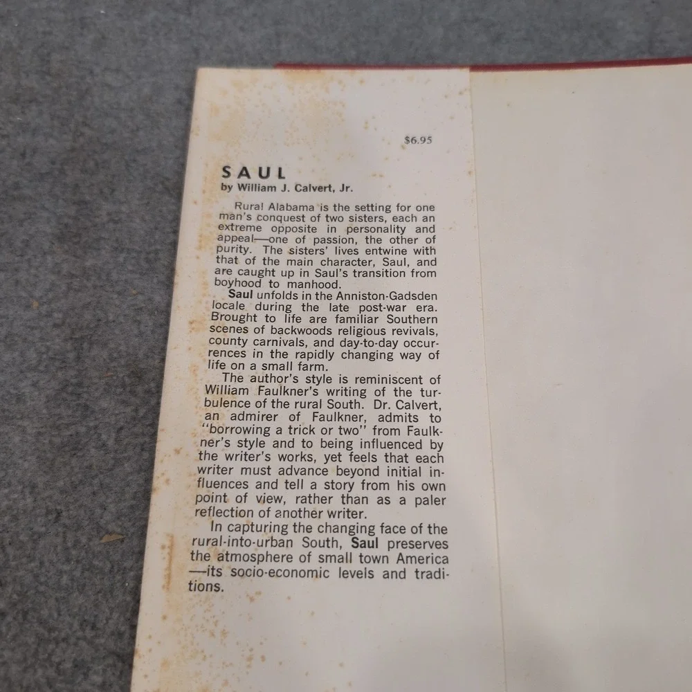 Saul by William J Calvert Jr Signed Inscribed Hardcover‎ Southern Fiction 1974